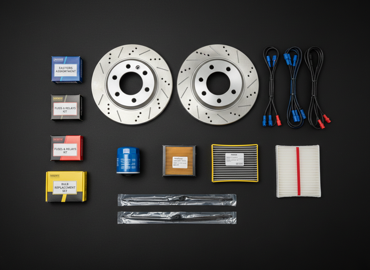A detailed overhead view of an assortment of automotive parts and accessories laid out on a matte black workbench surface: gleaming brake discs with finely machined edges, coiled spark plug wires, packaged filters, wiper blades, and small labeled boxes of fast-moving components. Each item is meticulously spaced to create a grid-like arrangement, with subtle color accents from labels in blues, reds, and yellows. Soft studio lighting from above produces gentle highlights on metal surfaces and minimal shadows, enhancing every texture and edge. The composition is flat-lay style with sharp focus across the entire frame, evoking order, precision, and completeness. The mood is professional and technical, ideal for illustrating product range and quality in realistic, high-clarity photography for an automotive distributor.