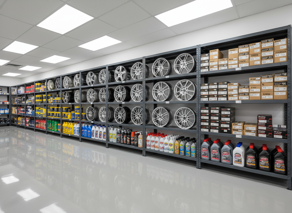 A neatly organized wall of automotive accessories in a modern wholesale showroom, featuring chrome wheel rims, neatly boxed brake pads, brightly labeled oil filters, and glossy car care products arranged on sturdy metal shelving. The shelves stand on a clean, light-gray epoxy floor, with a subtle reflection of the products. Overhead LED panel lights cast bright, even illumination, creating crisp highlights on metallic surfaces and soft shadows behind each item. Photographed at eye level with a wide-angle lens, the composition uses the rule of thirds to emphasize the central aisle leading into the distance. The mood is professional and efficient, showcasing product variety and reliability in clean, photographic realism suitable for a Jamaican automotive distributor’s website.