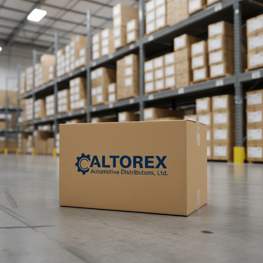A close-up of a sturdy cardboard shipping box printed with a clean "Altorex Automotive Distributors, Ltd" logo in deep navy blue, sealed with precise clear packing tape. The box rests on a smooth concrete warehouse floor with faint tire marks and subtle texture. Behind it, tall industrial shelving loaded with neatly stacked, labeled cartons of car parts fades into a soft blur. Cool white warehouse lighting from overhead fixtures creates minimal shadows and clear, professional brightness. Shot from a low, slightly angled perspective with shallow depth of field, the composition centers the branded box as the focal point. The atmosphere is reliable and businesslike, conveying efficient logistics and trustworthy wholesale operations in photographic realism.
