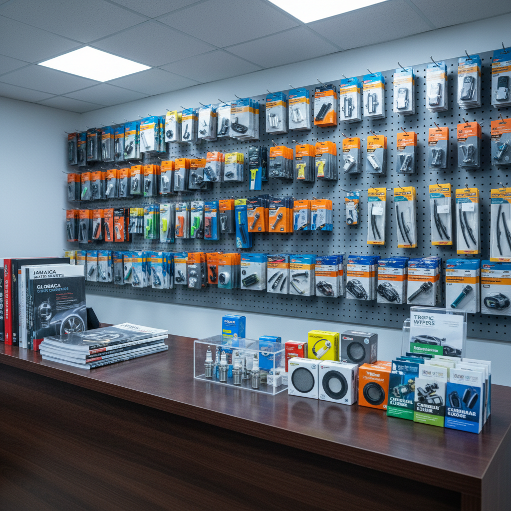 A polished front counter of an automotive distribution office, featuring neatly arranged catalogs of car parts, a small display of gleaming spark plugs, compact air filters, and boxed wiper blades, all resting on a dark woodgrain laminate surface. Behind the counter, a wall-mounted pegboard holds organized rows of packaged automotive accessories with clear labels and vivid brand colors. Cool, diffused fluorescent lighting evenly illuminates the scene, eliminating harsh shadows while adding soft reflections on metallic components. Captured from a slightly elevated, three-quarter angle, the composition emphasizes clarity and order, with sharp focus on the foreground items and a mild background blur. The mood is professional, welcoming, and efficient, reinforcing a modern Jamaican wholesaler’s image in clean photographic realism.