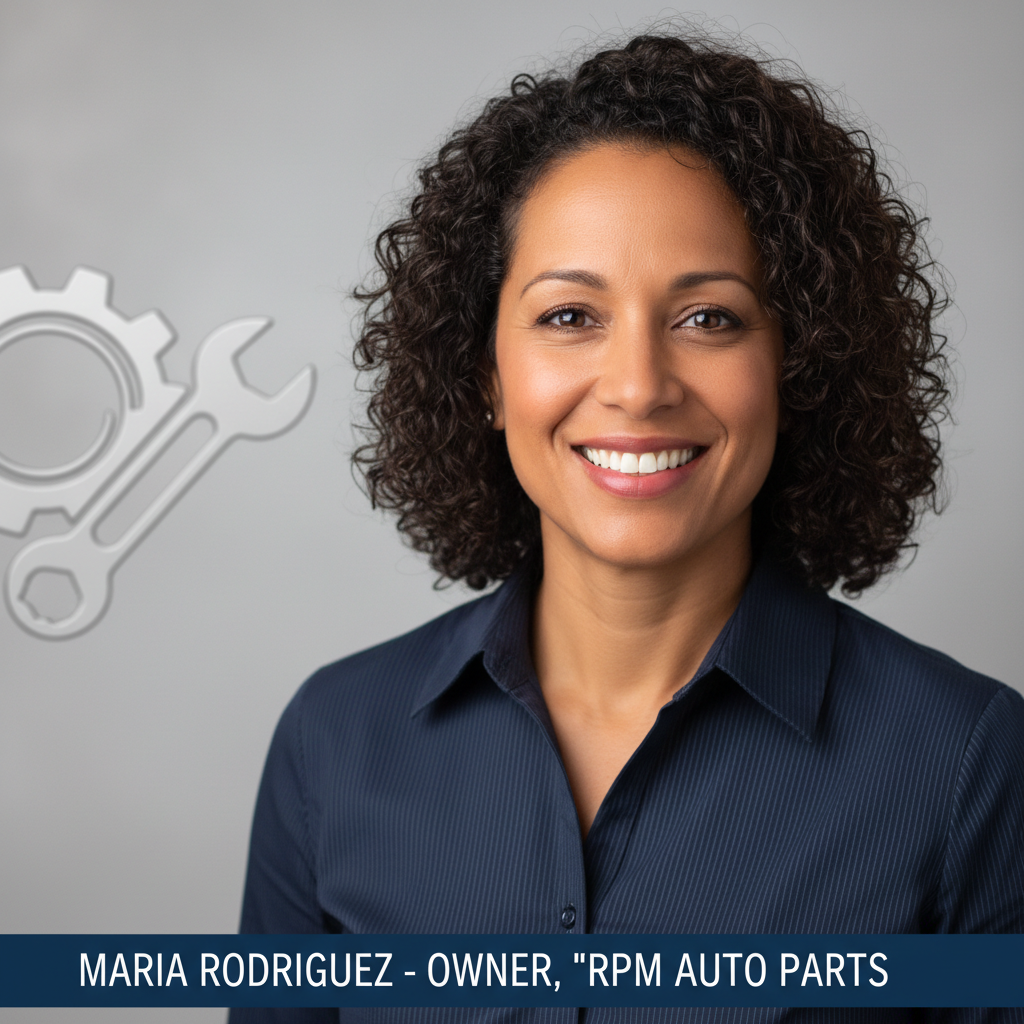 Professional, friendly customer headshot suitable for an automotive parts wholesaler testimonial section, neutral background, diverse customer base
