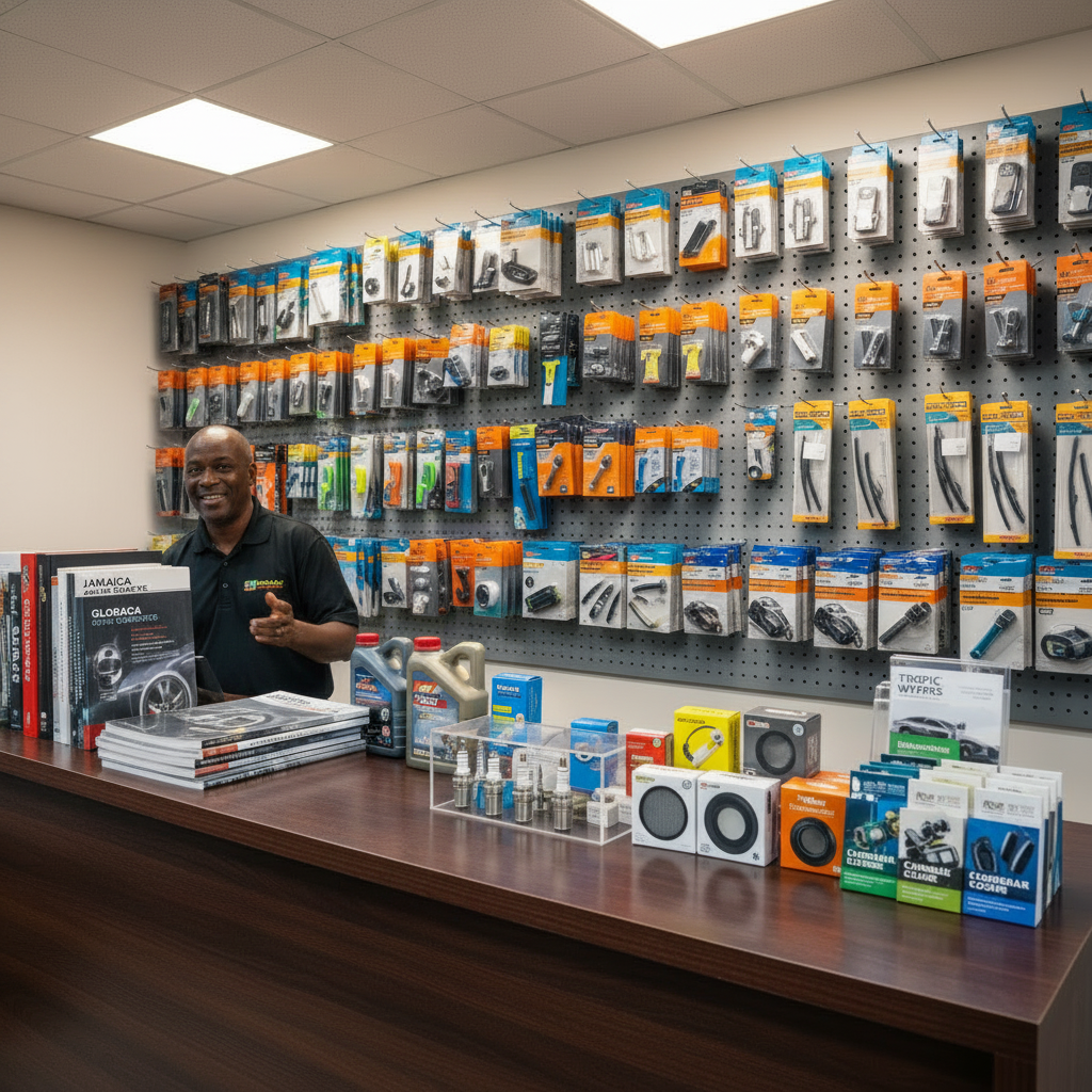 Contemporary Jamaican automotive parts trade counter with neatly displayed boxed parts, oils, and filters, friendly staff presence implied, warm but professional lighting, stock-style image matching warehouse imagery on site