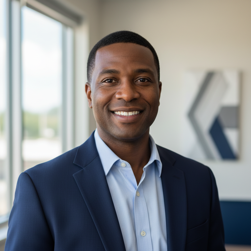 Friendly, professional Jamaican automotive service advisor headshot, business casual, neutral office background, suitable for testimonial section, cohesive with existing customer photo style