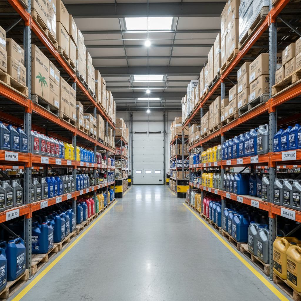 Wide, bright warehouse interior filled with automotive parts and fluids, tall shelving stacked with clearly labeled boxes of brake pads, filters, spark plugs, and motor oil containers, clean concrete floor, organized aisles, subtle Caribbean/Jamaican feel but globally relatable, professional commercial photography, no people, realistic stock-style image
